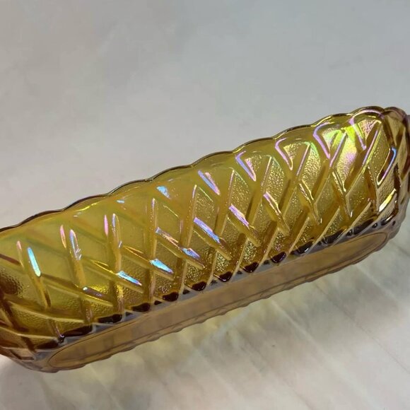 VTG MARIGOLD CARNIVAL GLASS LONG OVAL DISH IRIDESCENT GOLD AMBER Read Descriptio - Picture 6 of 9